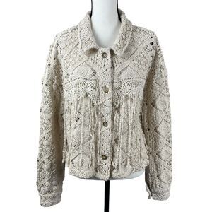 Miss Me Women’s Macrame Jacket Medium Beige Crochet Fringe Button Up Oversized
